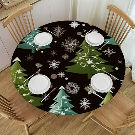 

HAOXIT Fitted Round Tablecloth Green Fir Trees Christmas Trees Black Table Cover Elastic Edged Table Cloth Fits Round Tables 54-58