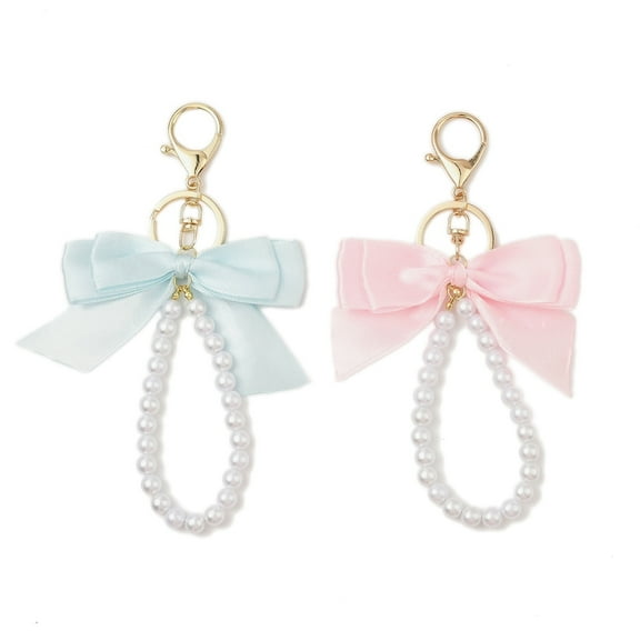 DanLingJewelry 20Pcs Pink & Blue Bow Keychain Imitation Pearl Acrylic Beaded with Bow Keychain for Bag Purse Handbag Phone Case Decor