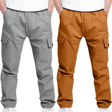 Bnwani Boy Pants School Uniform Pants Cargo Sports Casual Stretch Elastic Waist Joggers Solid with Pockets Pant Orange 2 Pack