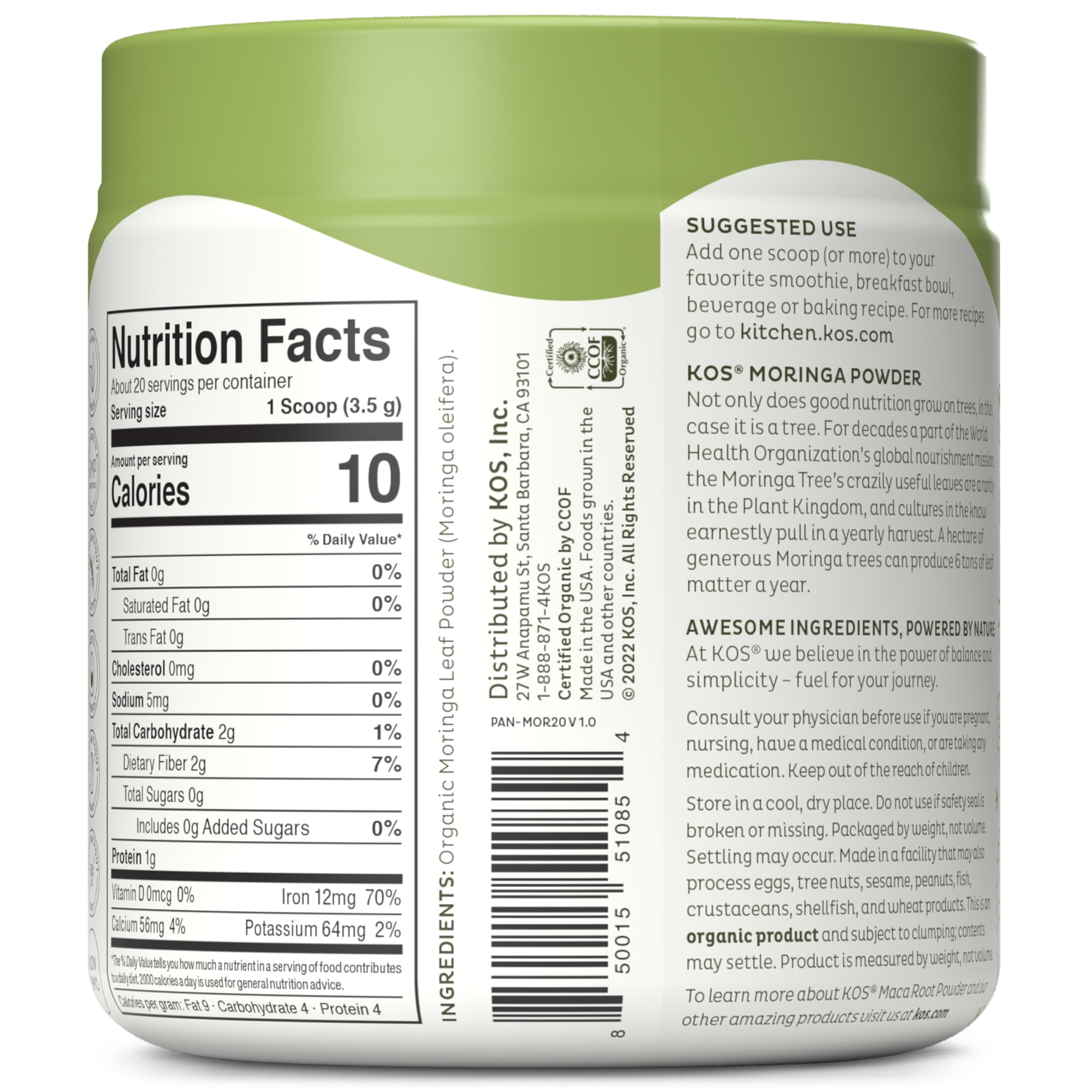 KOS Organic Moringa Powder - Vegan Superfood Booster, Gluten Free, Non GMO - 2.5 oz, 20 Servings