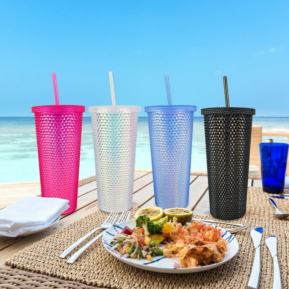 Vaso Textura diamante doble pared 700 ml con popote Negro