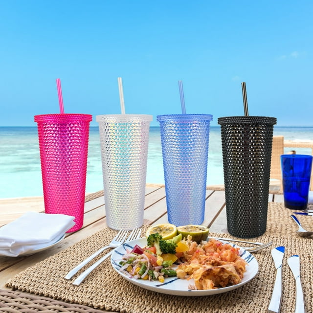 Vaso Textura diamante doble pared 700 ml con popote Negro