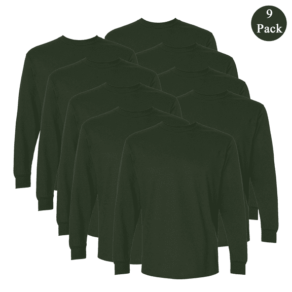 Gildan Men’s Long Sleeve T-Shirt, Forest Green Crewneck 100% Cotton Casual Tee, 9 Pack, S