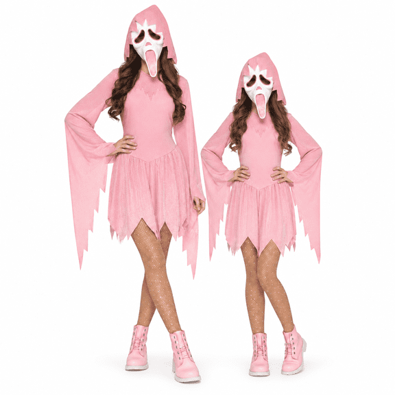 Pink Ghost Halloween Costume with Mask,Family Matching Halloween Cosplay Outfit for Parties and Dress Up