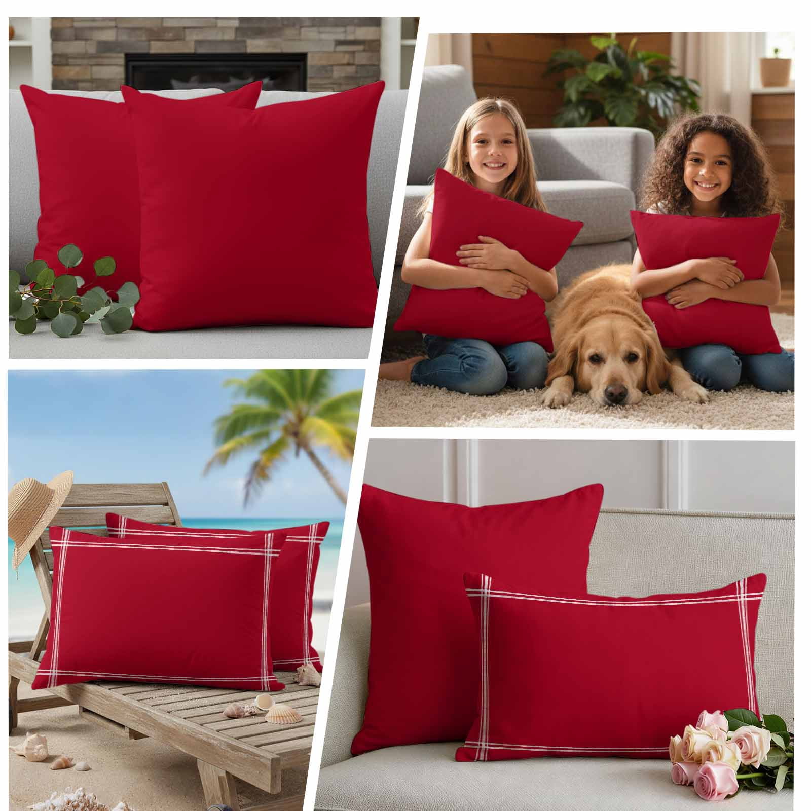 Outdoor Pillow Covers Red Pure Color Waterproof Pillow Cases 18x18 Set of 2, Watercolor Throw Pillow Cover Pillowcase for Patio Balcony Couch Garden