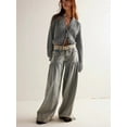 thumbnail image 2 of Women'S Lotus Tube Jeans Mid Rise Baggy Wide Leg Jeans Ruffle Pleated Denim Pants with Drawstring Grey M, 2 of 5