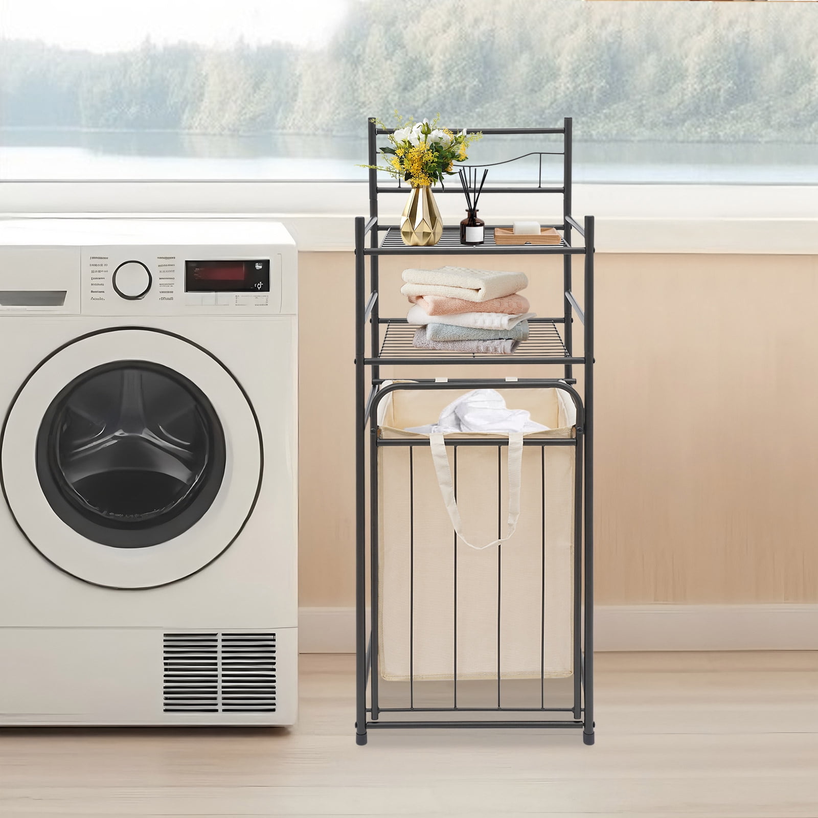 3-Tier Laundry Storage Basket Rack Laundry Rack with Removable Bag Laundry Basket with Shelf for Homes