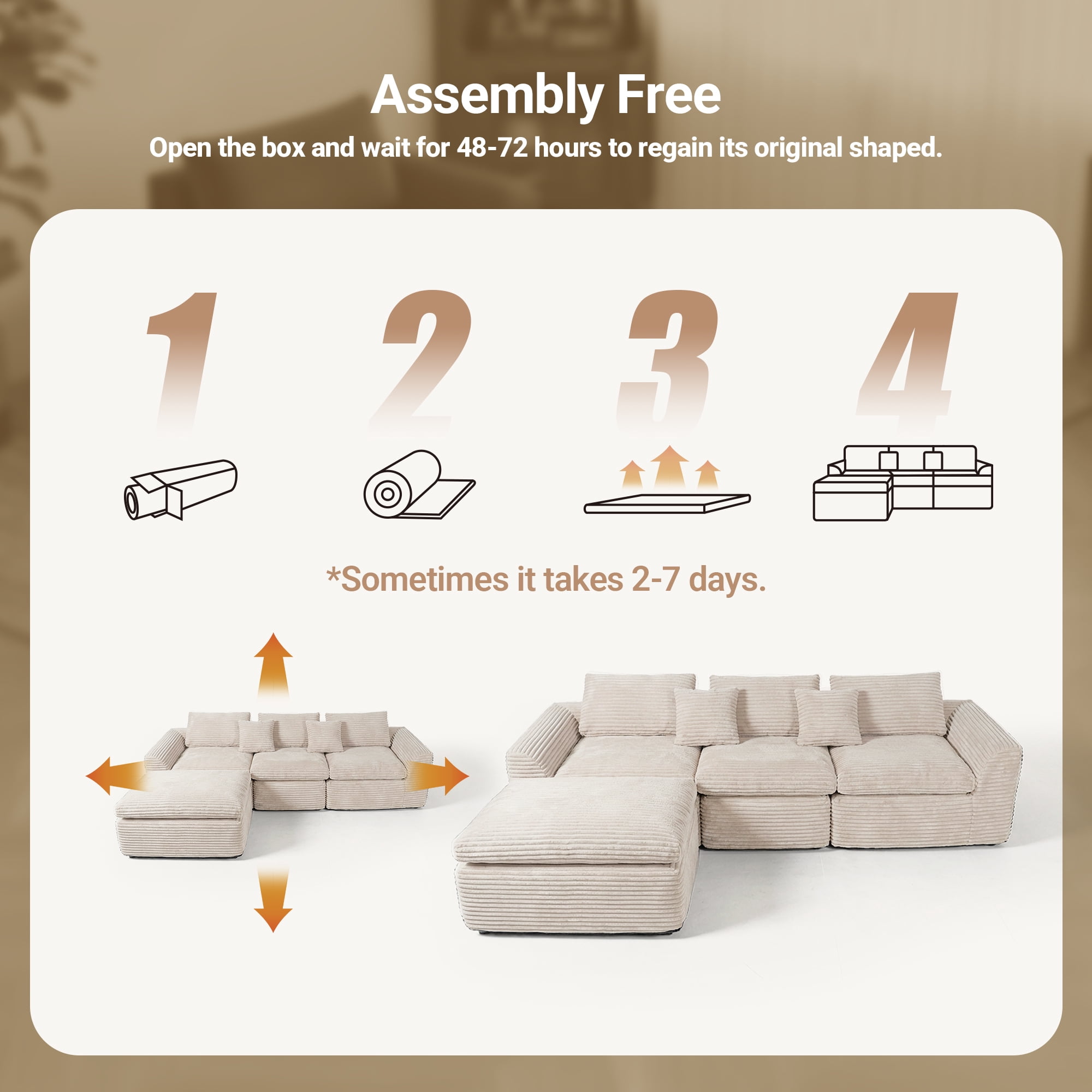 CARZZI 108'' Modular Sectional L-Shaped with Chair,Deep Seat Boneless Corner Couch for Living Room,Plush Corduroy Couch with Detachable Sofa Set,No Assembly(Left Facing Chaise，White)
