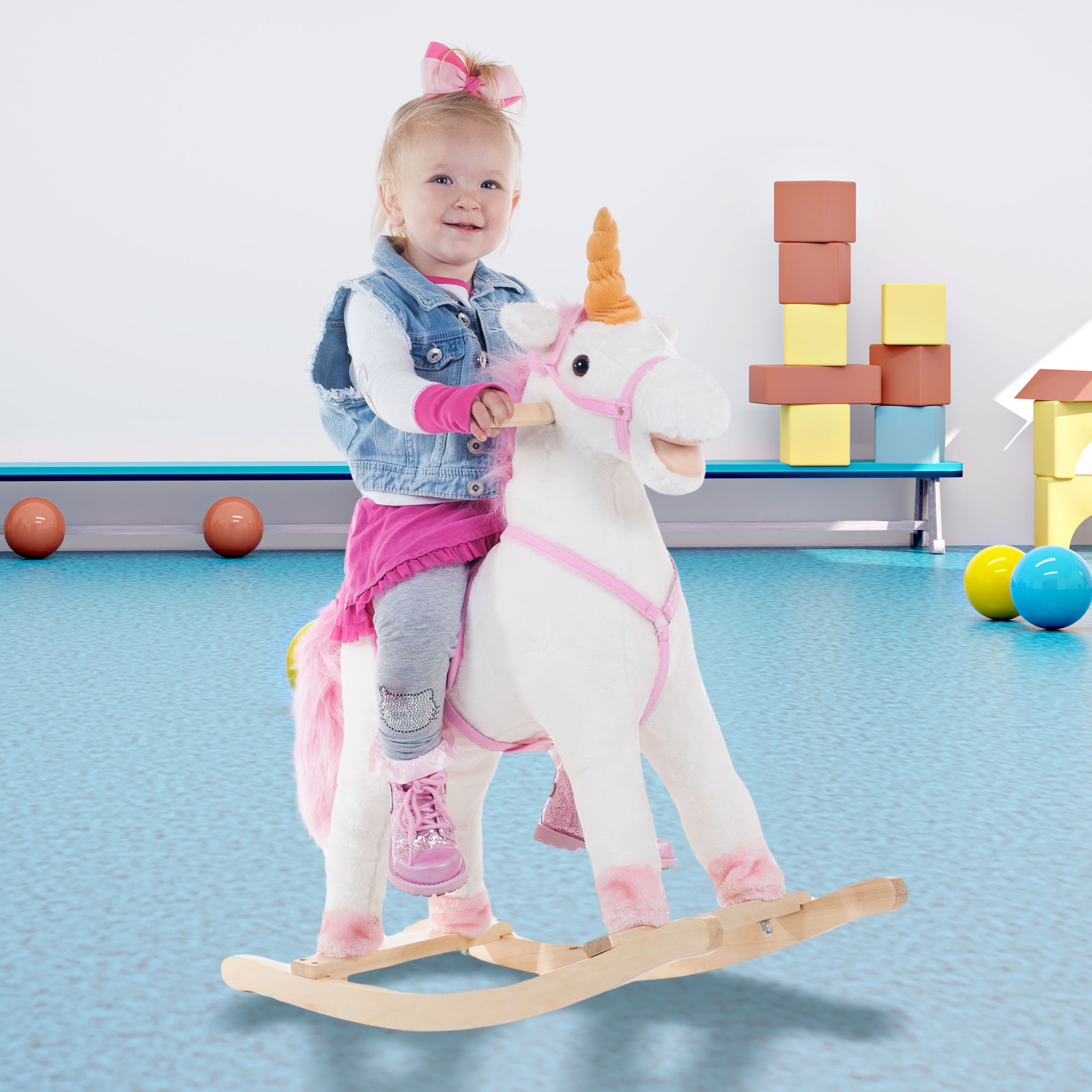 Happy Trails Ride-On Unicorn Rocking Horse with Sturdy Wooden Base for Toddlers Ages 3 and Up, (White)