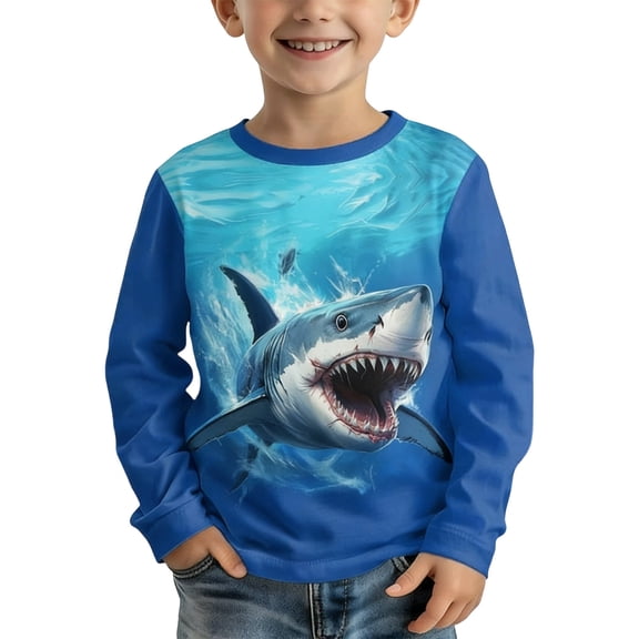 Hiijoy Boys Blue Tshirt Shark Graphic Classic Fit Long Sleeve Crewneck T-Shirt, Sizes 3-14