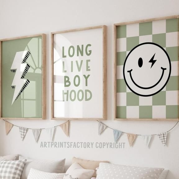 Luvia Long Live Boyhood, Modern Boy Sage Green, Checkered Smile Gallery Wall, Toddler Poster, Boy Nursery Decor, Quote Play, Modern Wall Decor Set 3 Prints 8x12 UNFRAMED
