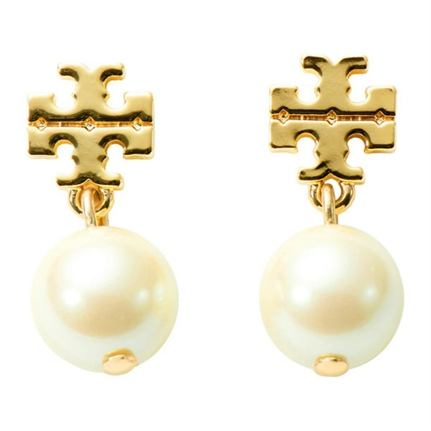 Tory Burch Logo Pearl Drop Earring, Tory Gold Tory Burch Logo Pearl Drop Earring, Tory Gold