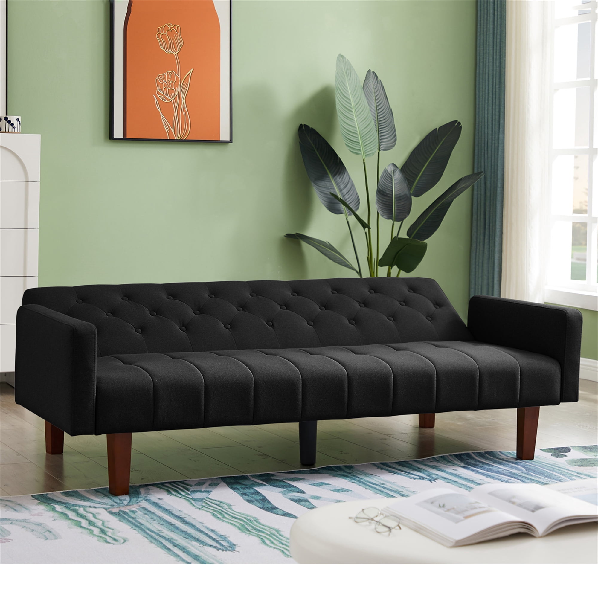 Aukfa 75" Tufted Futon Convertible Sofa Bed, Upholstered Arm Couch for Home Office, Black