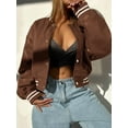 thumbnail image 4 of Women Mock Neck Long Sleeve Button Cropped Leather Jacket Casual Biker Moto Jacket Fall Outerwear Dark Brown XXL, 4 of 5