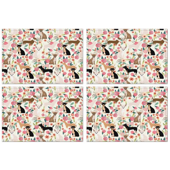 Chihuahua and Pioneer Flower Summer Placemats Table Placemats Set Of 4-Linen Kitchen Washable Placemats Table Mats 11.8"x17.7"Non-Slip Heat Resistant