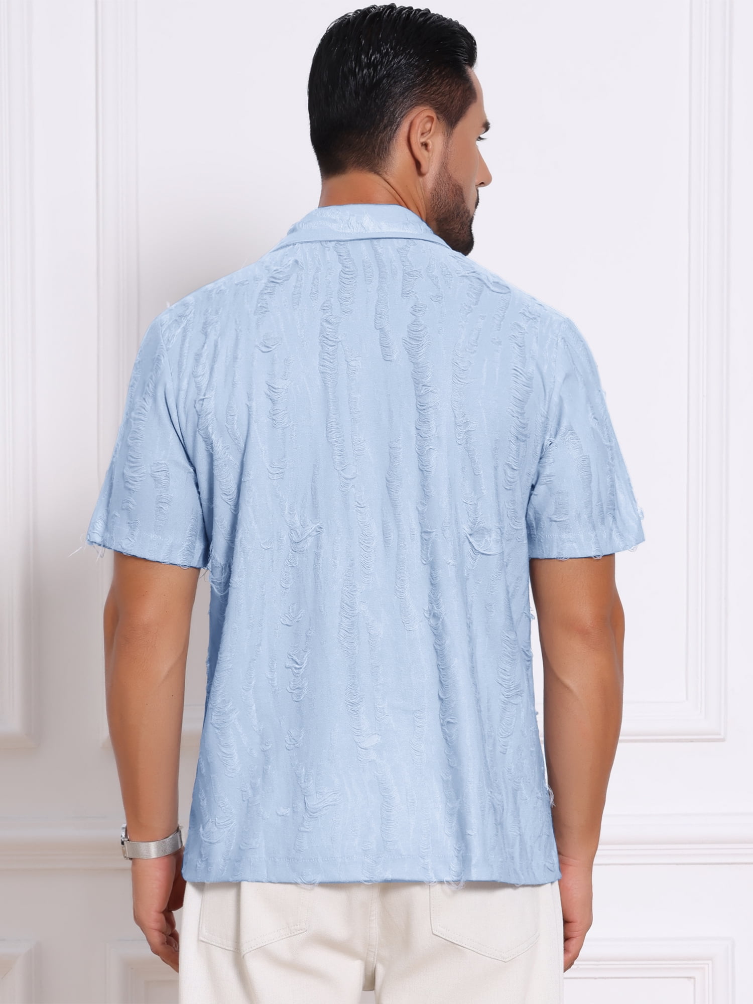 DARING DIVA Men's Camp Collar Button Down Short Sleeve Distressed Ripped Shirts XL Blue