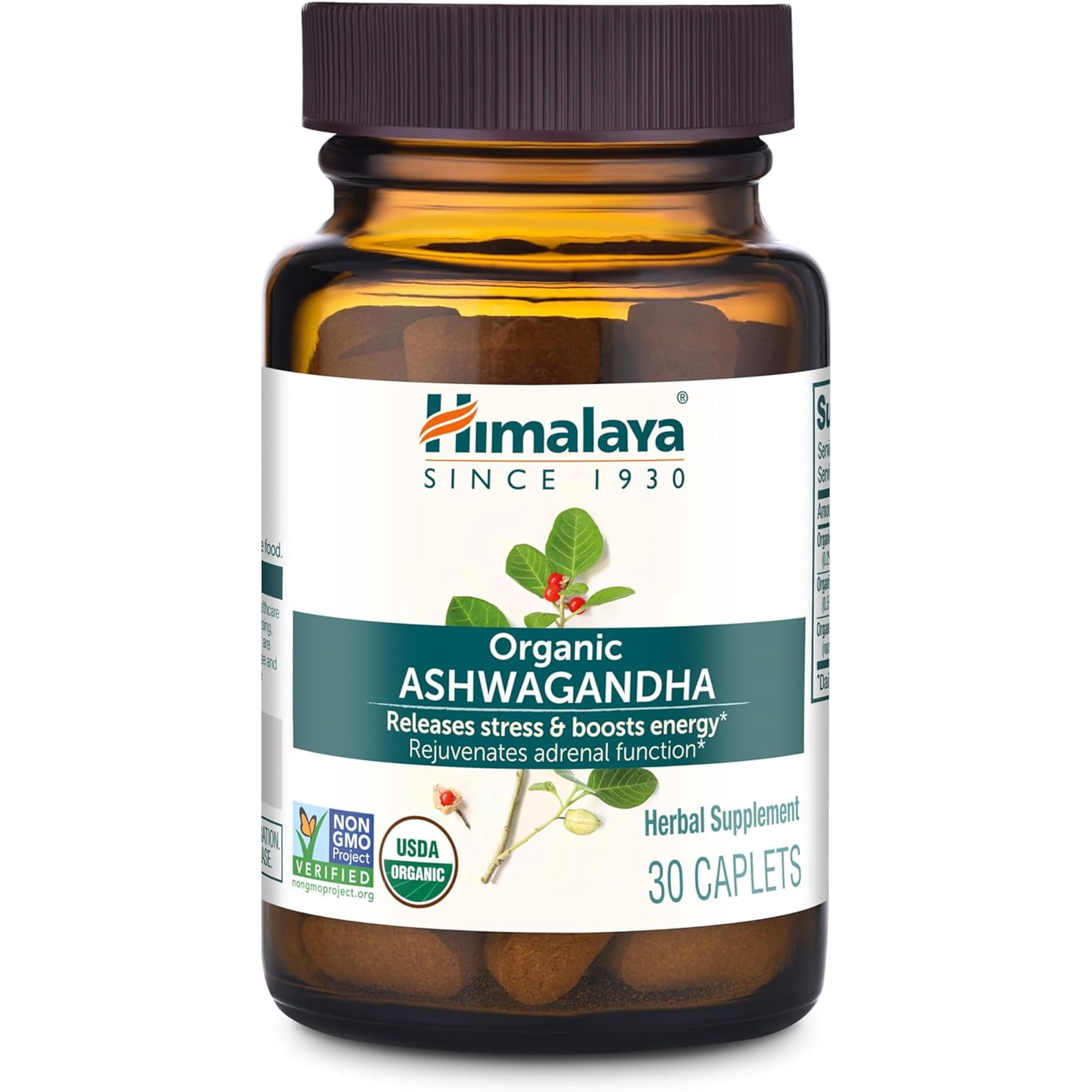 Himalaya Organic Ashwagandha Root for Stress, Energy and Adrenal Support, 670 mg, 30 Caplets