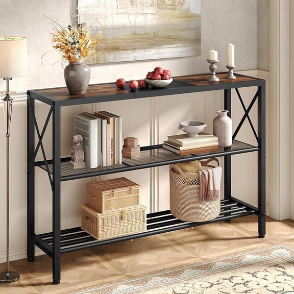 Industrial Console Table, 3 Tier Entryway Table, Hallway Table, Narrow Sofa Table with Shelves, Entrance Table for Entryway, Living Room, Foyer, Hallway, Office, Black