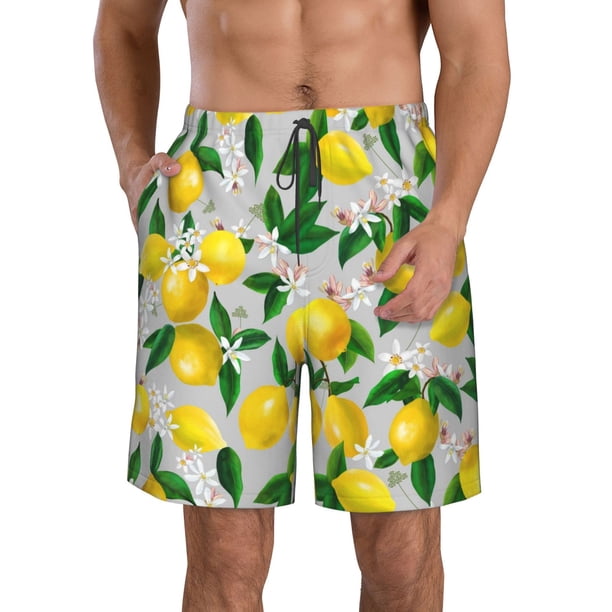 Balery Lemon Seamless Pattern Oil Painting Effect Traje de Baño Estilo Hawaiano para Hombre, Shorts de Secado Rápido con Bolsillos-X-Large