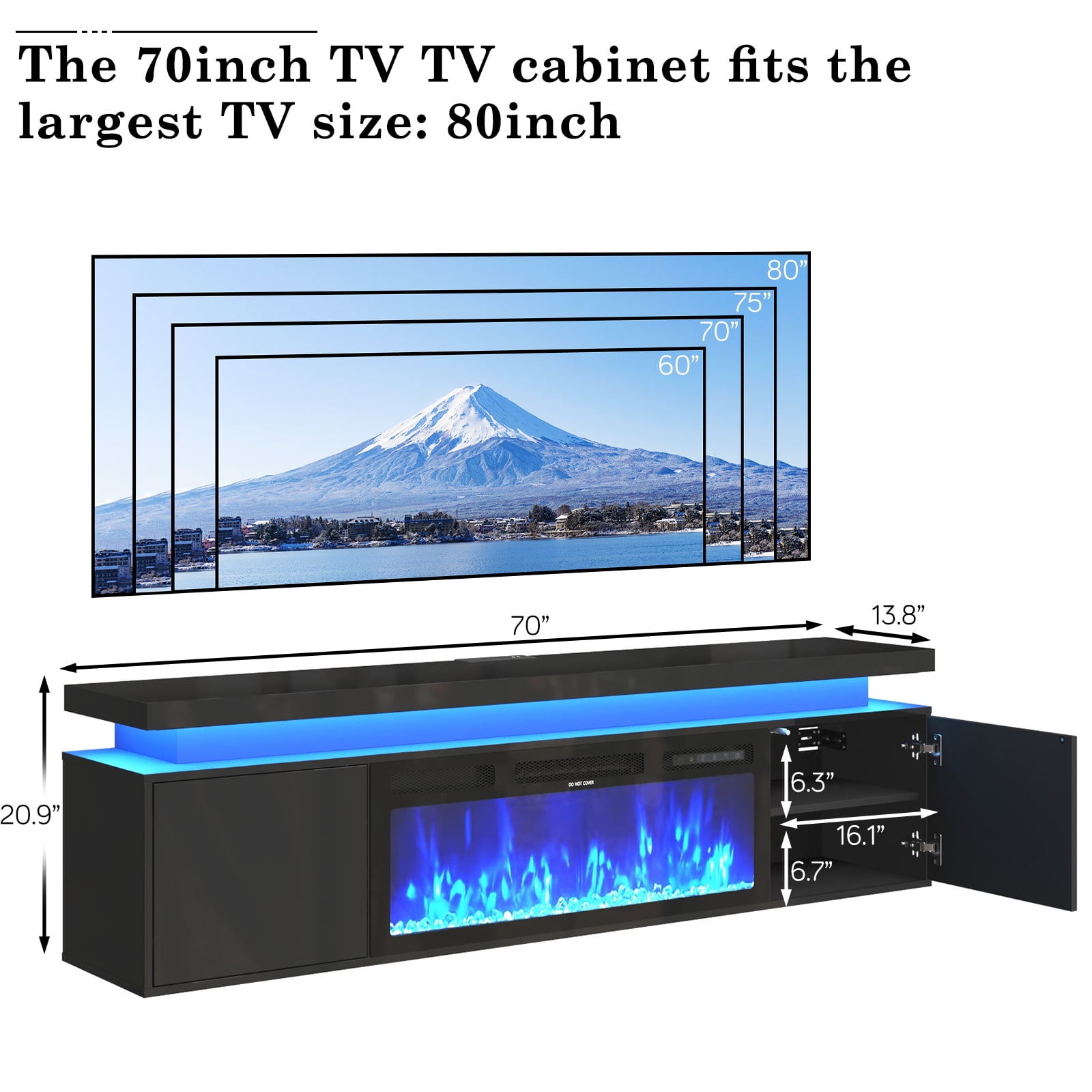 Blotout 70'' Fireplace TV Stand with 36'' Fireplace, Gloss Wall Mounted Fireplace Entertainment Center with Storage&Power Outlet, Modern LED Light Console for Wall-mounted TV Up to 80''