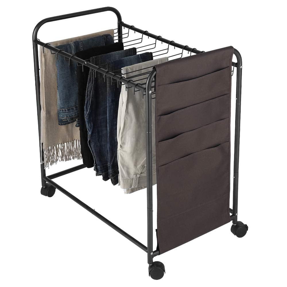 Adjustable Garment Pants Rack Clothing Holder With Wheels, Metal, Black
