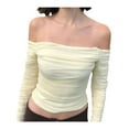 thumbnail image 2 of Arvbitana Women Off-the-shoulder T-shirt, Adults Ruched Solid Color Flare Sleeve Mesh Crop Tops, 2 of 9