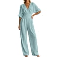 thumbnail image 3 of HAIJIE Women’s Wrap V-Neck Jumpsuit, Cuffed 3/4 Sleeves, Waist Cinched, Wide Leg, Assorted Solid Colors (Light Blue,S), 3 of 7