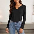 thumbnail image 3 of Lonomox Women's Cropped Pullover Tops Notch V Neck Long Sleeve Shirts Solid Color Casual Loose T Shirts, 3 of 6