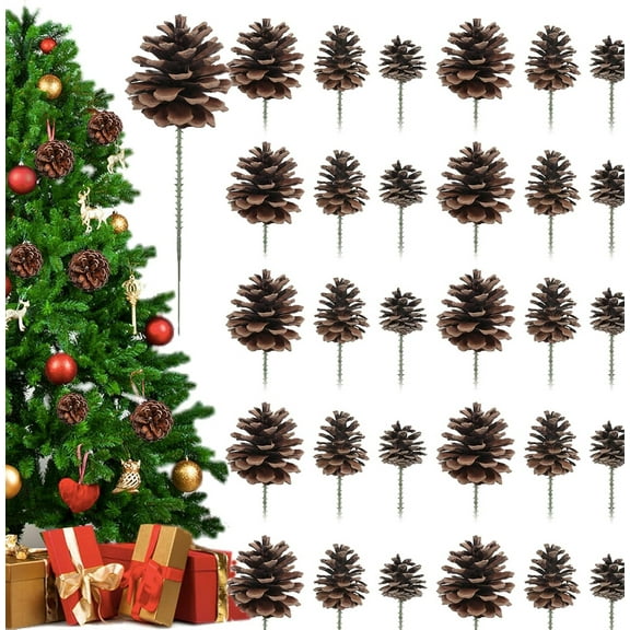 30 Pcs Christmas Natural Pine Cones Tutuviw 3 Sizes Natural Pine Cone for Craft Rustic Pinecones with Wired Pick Pinecones Picks Ornaments for Christmas Tree Decoration Thanksgiving Fall Decor