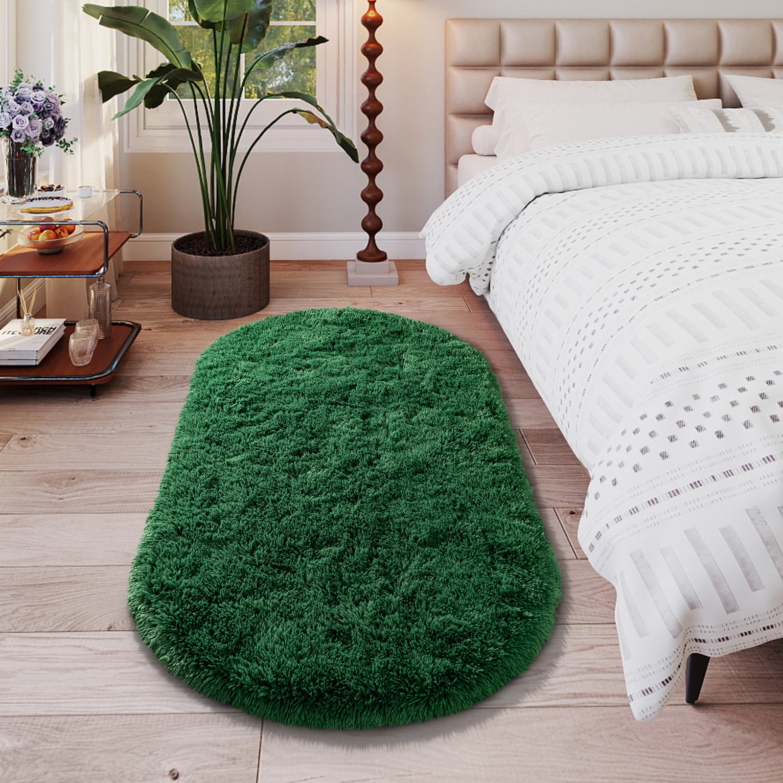 ZENELESS Oval Fluffy Rugs for Bedroom, Modern Plush Shaggy Carpet for Kids Bedside Girls/Boys and Kids Baby Room Home Decor, 2.6 x 5.3ft Dark Green