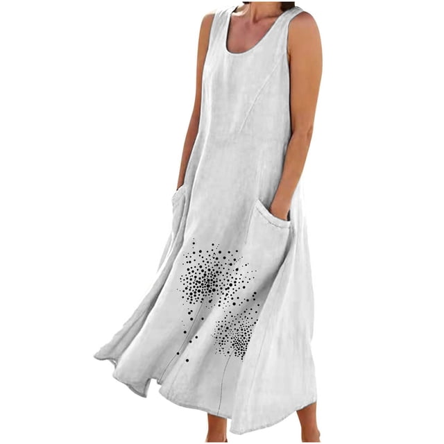 Staron Robes Blanches pour Femmes Été Liquidation à Moins de 10 $ Coton Lin Longues Grande Taille Plage Robe Fluide Fête Plage Robe d'Été Sans Manches Uni Col Rond Robes avec Poches m