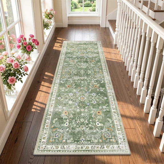 MJIAexp 2'x6' Boho Runner Rug,Non Slip Washable Floral Hallway Runner Rug with Rubber Backing, Low Pile Faux Wool Distressed Carpet for Kitchen, Laundry, Bedroom, Entrance,Green
