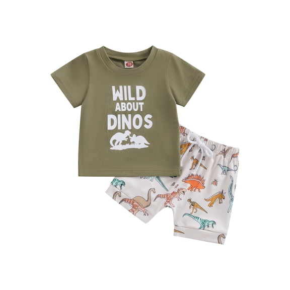 nvzhuang Infant Boy Summer Clothes Suits Letter Print Short Sleeve Crew Neck T-Shirts and Dinosaur Print Shorts 2Pcs Set