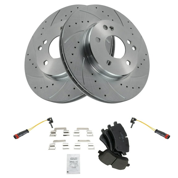 TRQ Front Performance Brake Pad & Rotor Kit Brake Pad Wear Sensor Brake Pads Brake Rotors Set Ceramic Fits Select 2002-2005 Mercedes-Benz C230 2001-2005 C240