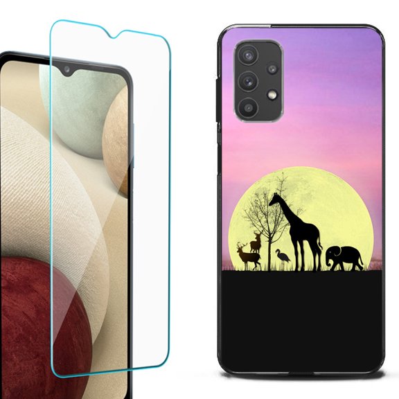 Slim-Fit Flexible TPU Gel Phone Case (black) for Samsung Galaxy A32 5G, with Tempered Glass Screen Protector, by OneToughShield ® - Moonlight Safari