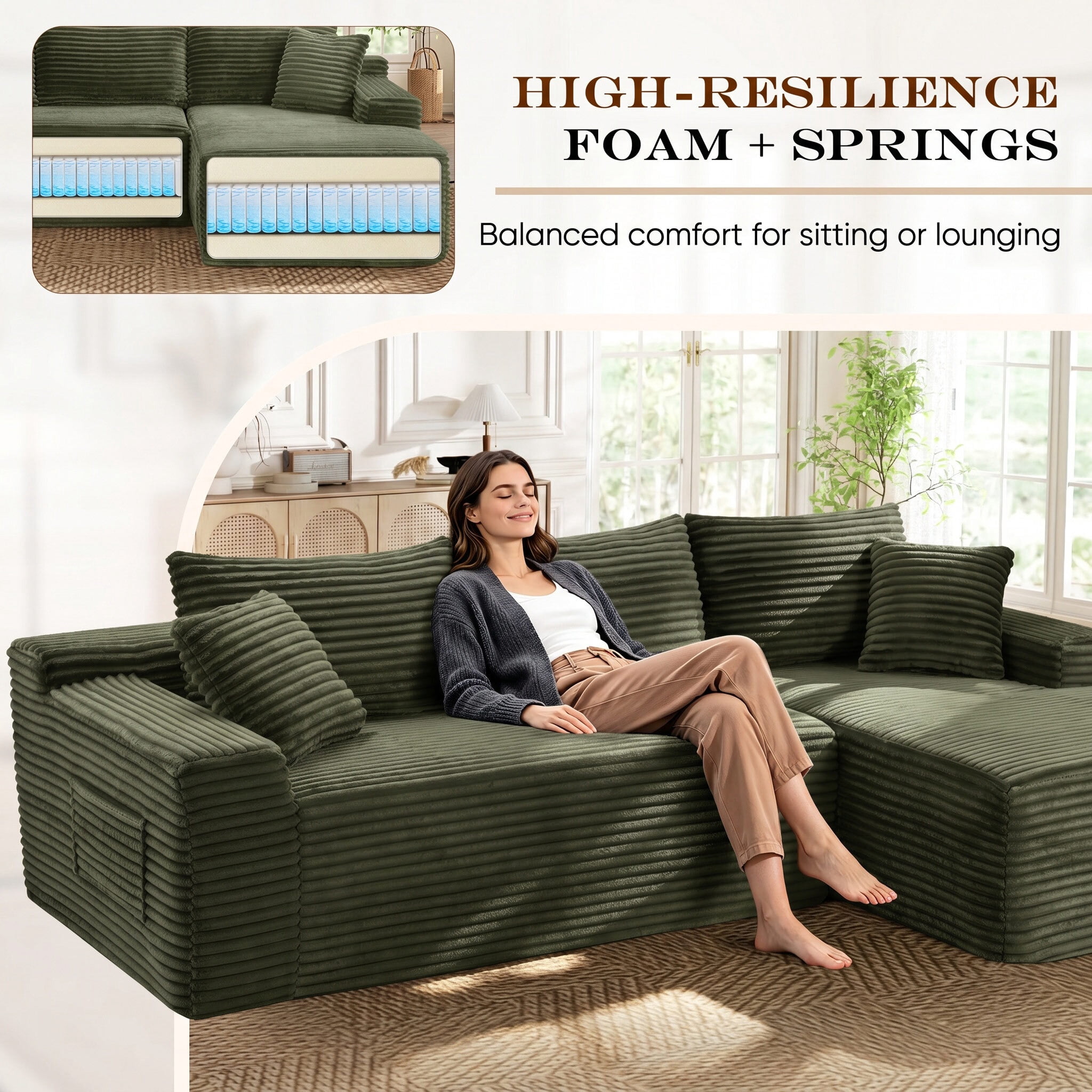Lunale Small Modular Sectional Sofa with Movable Chaise, L-Shaped Boneless Cloud Couch for Living Room, Green (Right Facing Chaise)