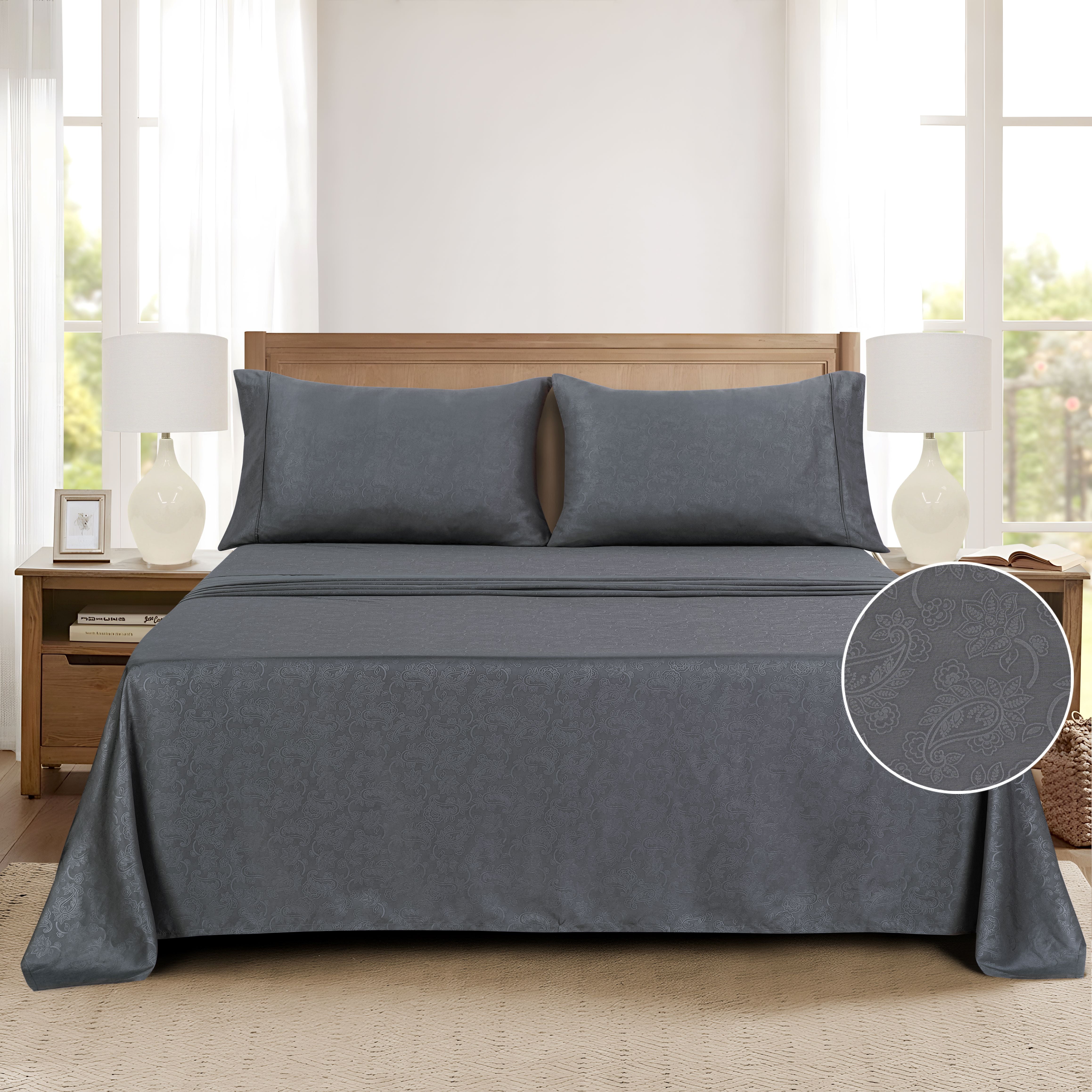 Mainstays Super Soft Brushed Microfiber Bed Sheet Set, Grey Embossed Hayden Paisley, Full, 4 Piece
