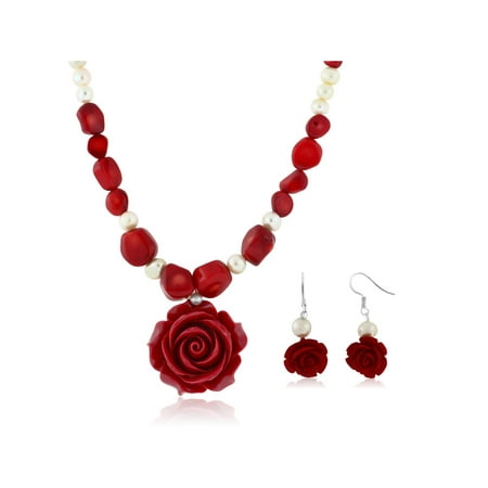 18" Red Simulated Coral Cultured Freshwater Pearl Carved Rose Necklace + Earring