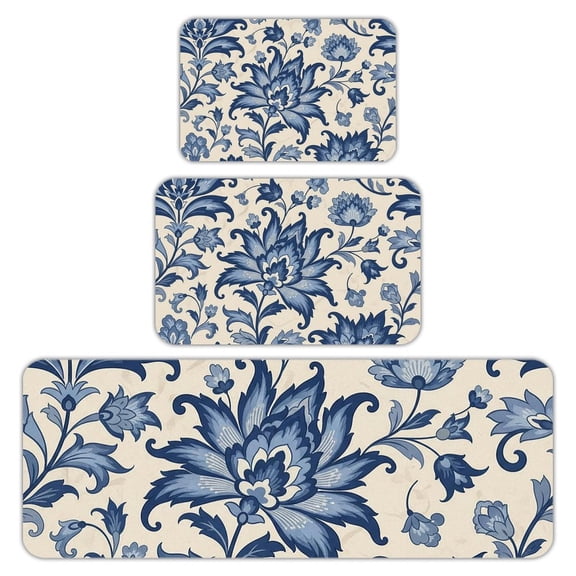 RKSupls Kitchen Rug Set 3 Piece Anti-Slip Flannel Floor Mats, Turquoise Teal Foral Washable Absorbent Runner Mats for Kitchen Bathroom Home Decor