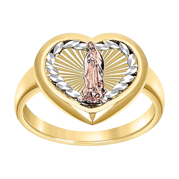 14k Tri-color Gold Womens Love Heart Head Guadalupe Religious Ring 14x2.5mm Wide Statement Ring for Women