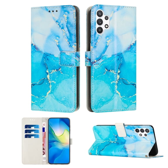Mantto Fit for Samsung Galaxy A13 4G 6.6 inch Case with Wrist Strap,Marble Pattern Design PU Leather with Credit Card Slots & Stand Magnetic Clasp Flip Wallet Phone Case,Blue