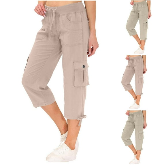 FRSASU Womens Cargo Capris Drawstring Solid Lightweight Hiking Pants Casual Outdoor Trip Loose Shorts Cropped with Pocket Pink XL(XL)