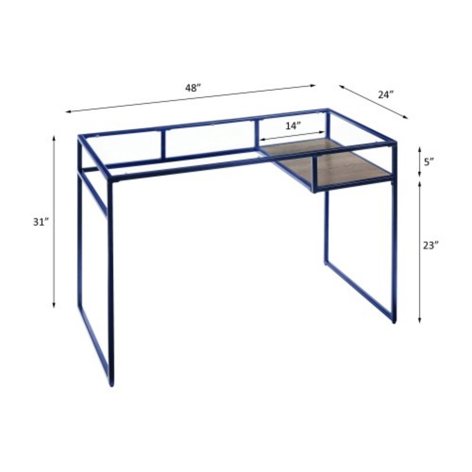 Modern Glass Top Writing Desk with Metal Frame, Blue Home Office Computer Desk with Open Shelf for Study Bedroom Workspace