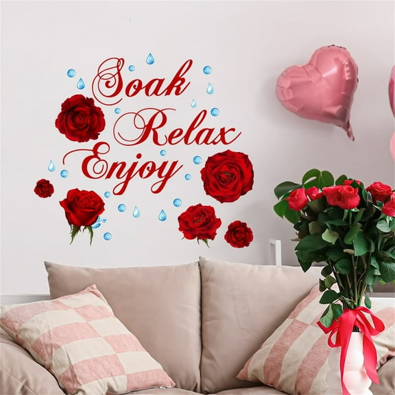 Elegant Red Roses Bathroom Wall Art Soak Relax Enjoy Print Waterproof, Easy to Install, Home Decor Gift