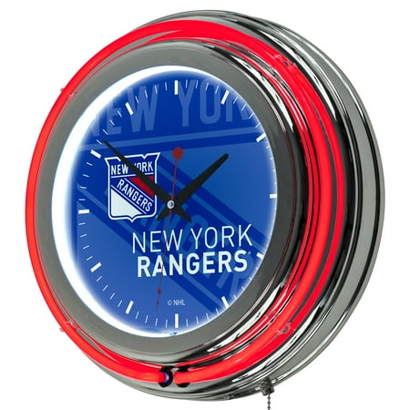 New York Rangers Team Clock - NHL Chrome Double Rung Neon Clock - Watermark - New York Rangers