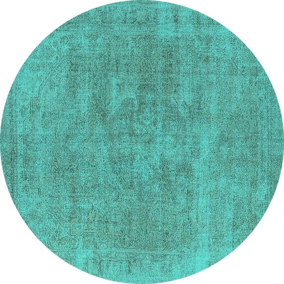 Ahgly Company Machine Washable Indoor Round Oriental Turquoise Blue Industrial Area Rugs, 4' Round