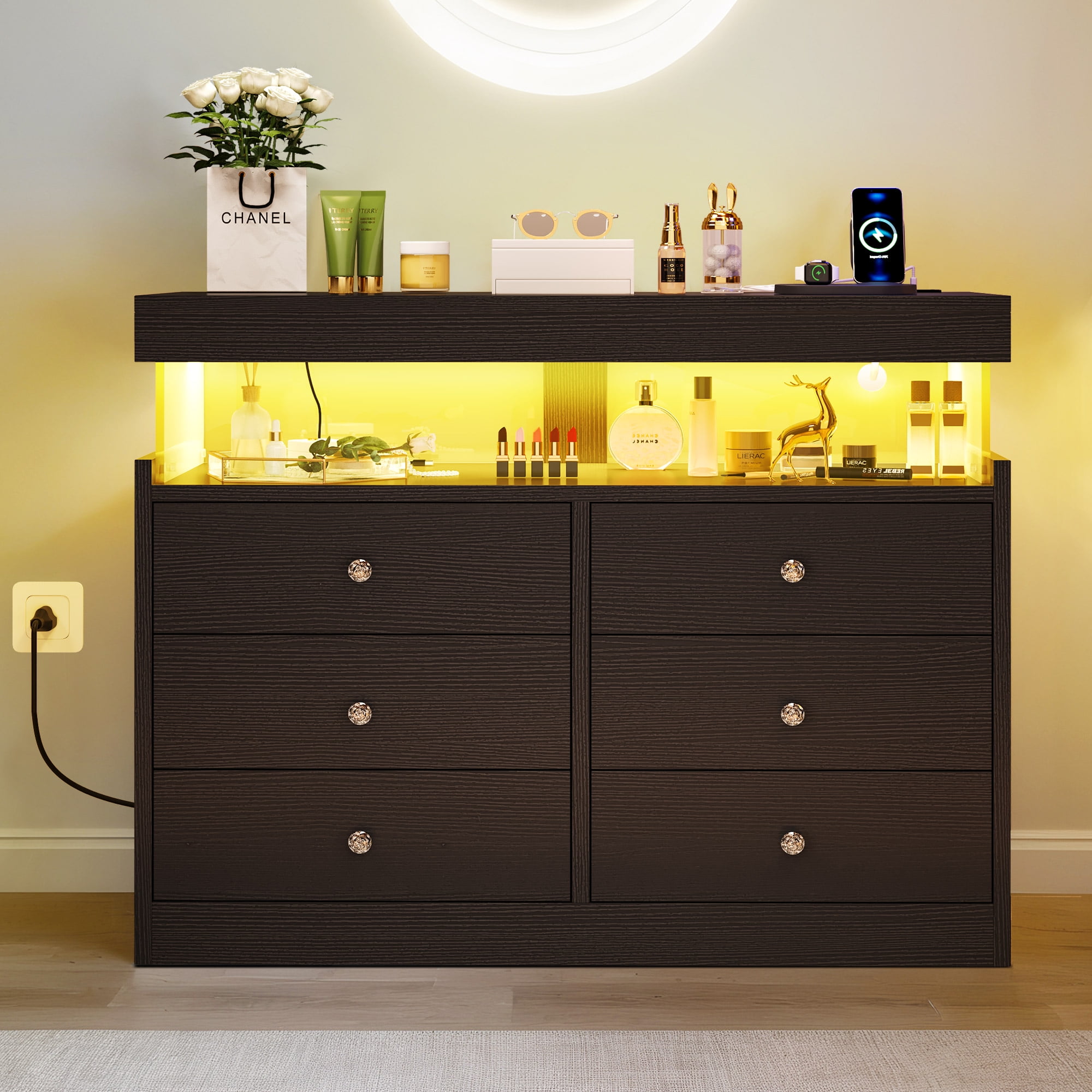 Dextrus Black Dresser with LED Light, 6 Drawers Dresser with Charging Station, Modern Chest of Drawers for , Living Room, Entryway, Hallway