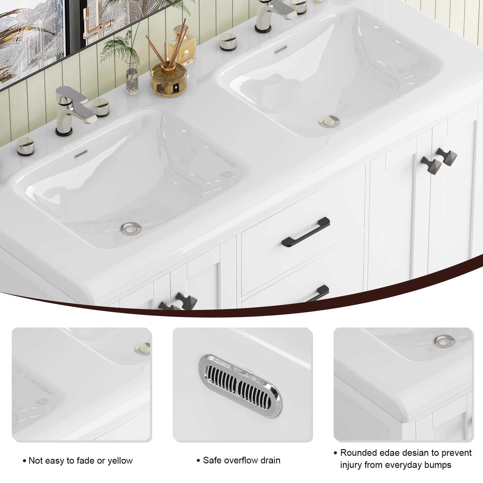 Caulitar 47" Large Bathroom Vanity with Double Ceramic Sink Top, Freestanding Vanity Cabinet 6 Drawers and Shelves, White