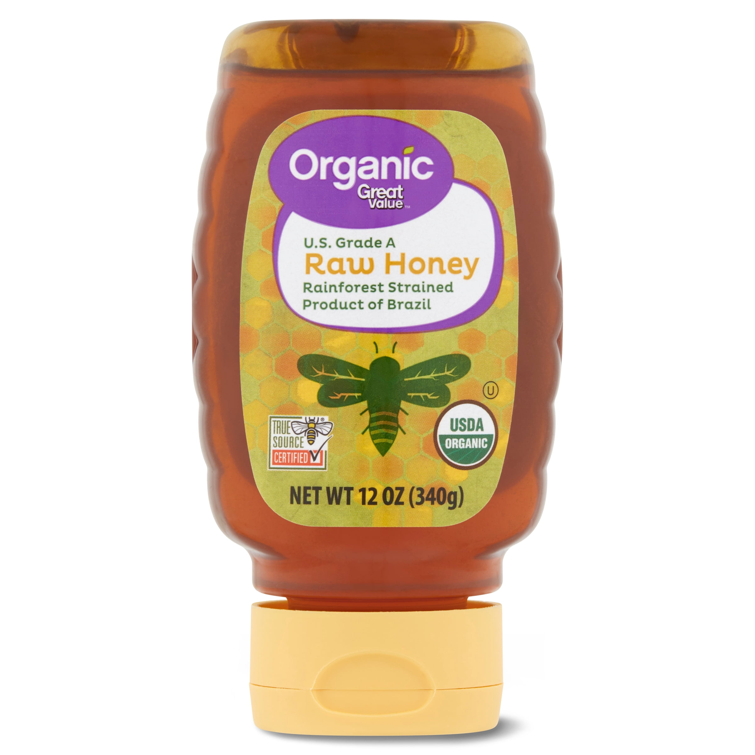 Great Value Organic Strained Raw Honey, 12 oz Inverted Plastic Bottle
