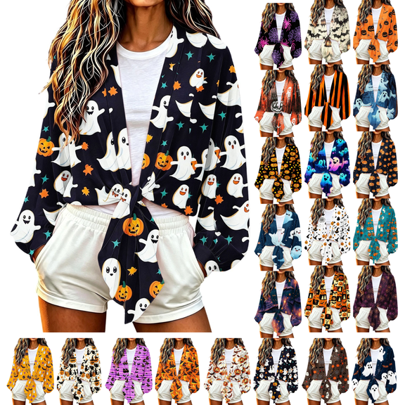 Gamivast Open Front Cardigan for Women Tie Knot Long Sleeve Shrugs Witch Hat Print Lightweight Cropped Tops Halloween Cover Up for Fall Festival Holiday Outfits